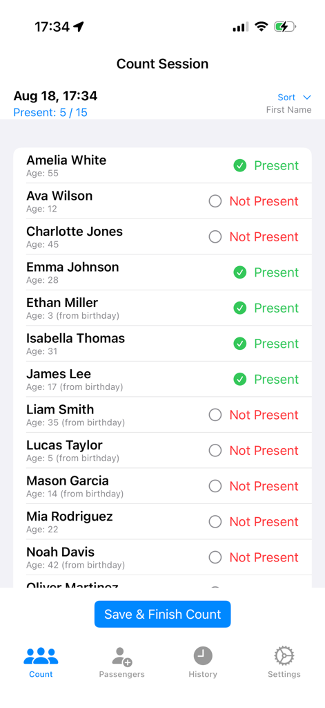 Group Counter for Tour Guides - Digital attendance list for tour guides showing passenger check-in status