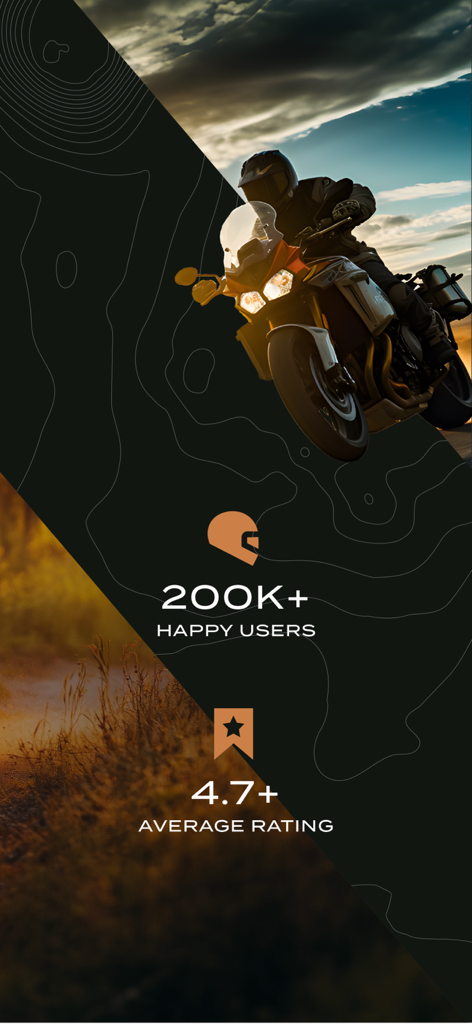 Scenic Motorcycle Navigation - Promotional image for Scenic Motorcycle Navigation showing over 200,000 happy users and a 4.7 average rating