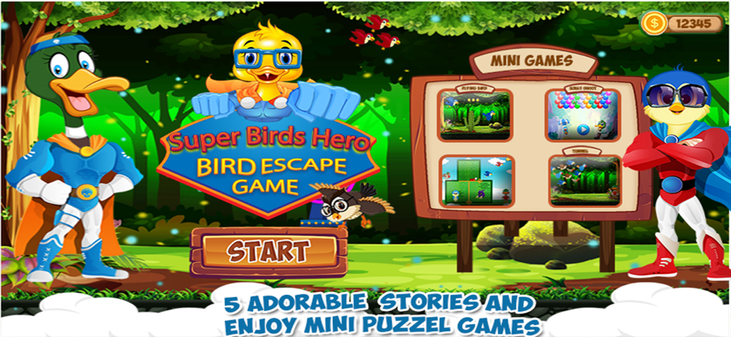 Superhero Bird VS Hunter - Superhero bird characters on the main menu of the Bird Escape Game with mini game options.