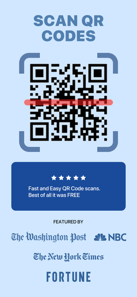 QR Code Reader Barcode - Interfaz de la aplicación lectora de códigos QR con un marco de escaneo, una calificación de cinco estrellas y avales de medios como NBC y The New York Times