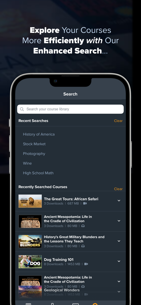 The Great Courses - Search interface of The Great Courses app showing library search and recent courses