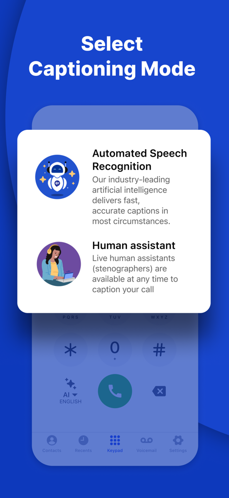 InnoCaption: Call Captioning - InnoCaption app interface showing the choice between automated speech recognition and live human assistant captions