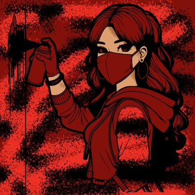 realistic girl with mask spray painting a wall