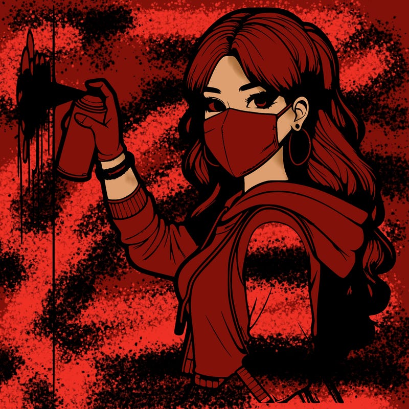 realistic girl with mask spray painting a wall