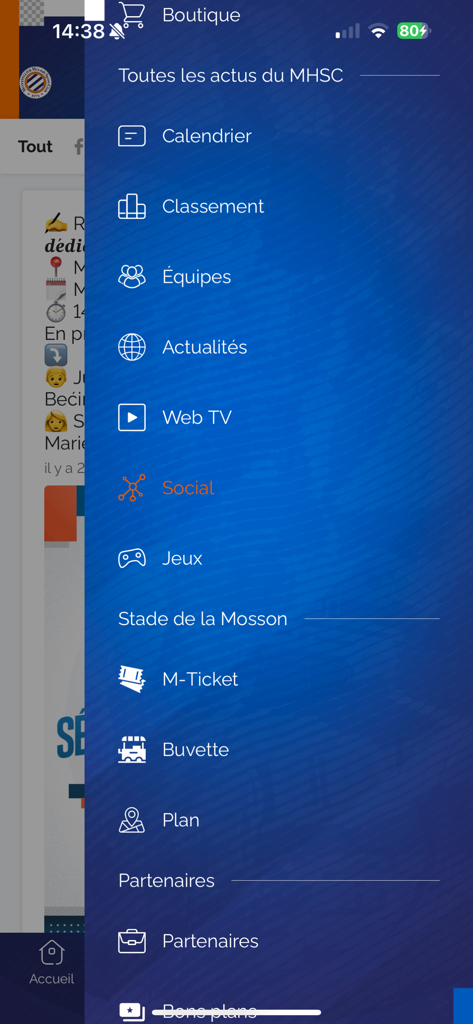 Montpellier Hérault Sport Club - Side navigation menu of the Montpellier Hérault Sport Club official app showing various features like news, schedule, and tickets.