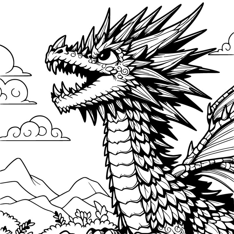 detailed spiky dragon looking up at the sky