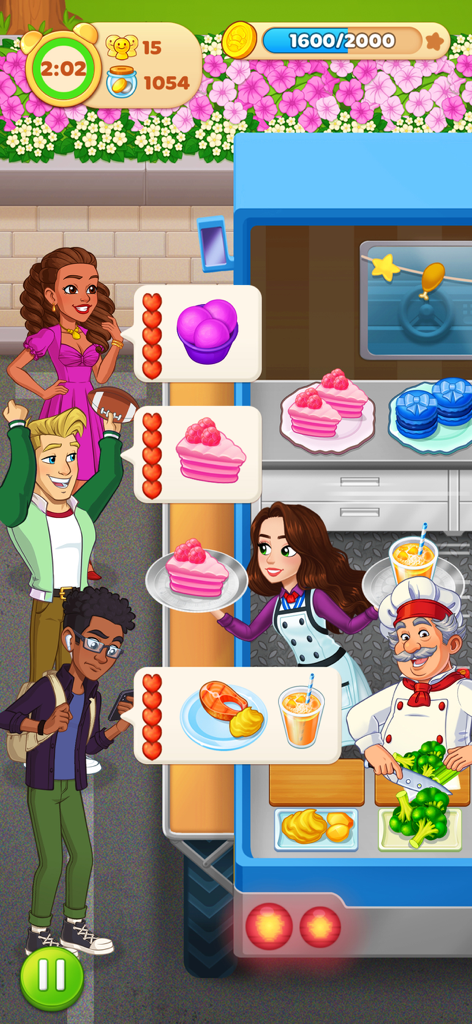 A chef serving customers dessert and salmon at a food truck in Cooking Diary restaurant game