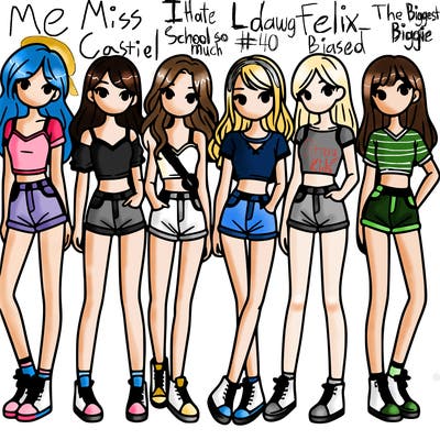 a group of girls wearing crop tops and shorts