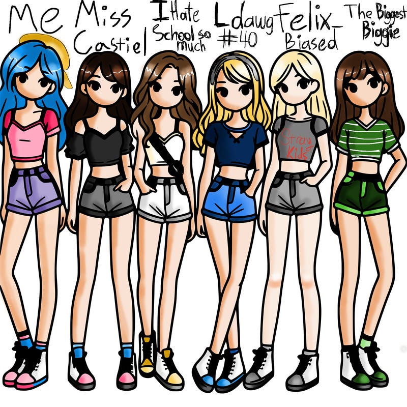 a group of girls wearing crop tops and shorts