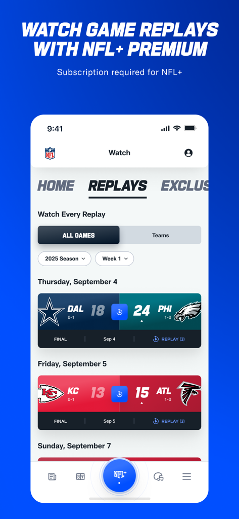 Pantalla de la app de la NFL que muestra repeticiones de juegos para suscriptores premium de NFL plus