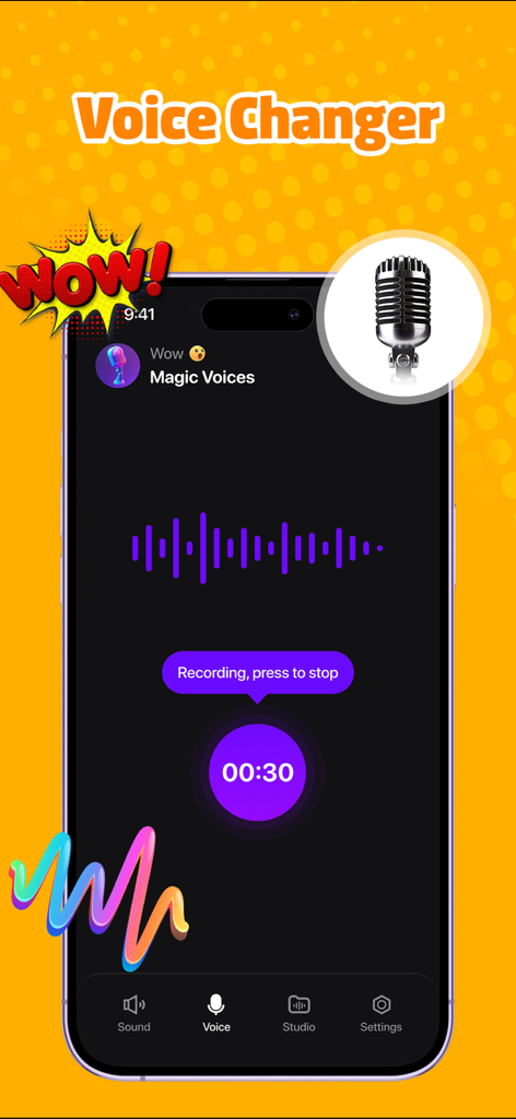 Voice Changer & Prank Sounds - Mobile app interface showing a voice recording screen with a purple waveform and timer