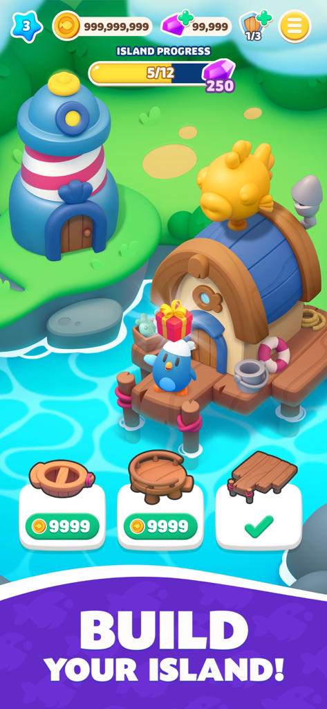 Fish of Fortune game screen showing island building progress with a lighthouse and cute Pingo characters