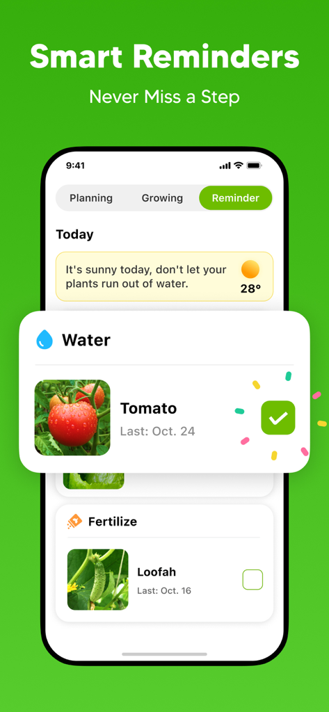 GrowIt: Garden Planner - Interfaz de aplicación móvil que muestra recordatorios inteligentes para regar y fertilizar plantas en un jardín casero