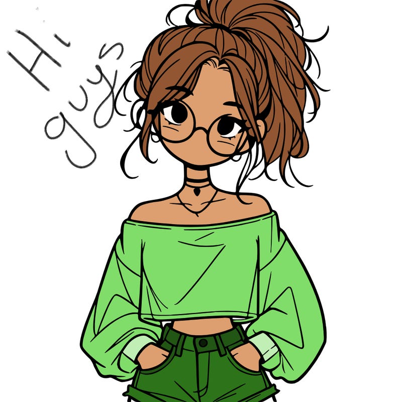 girl with a messy ponytail glasses a baggy crop top and jean shorts