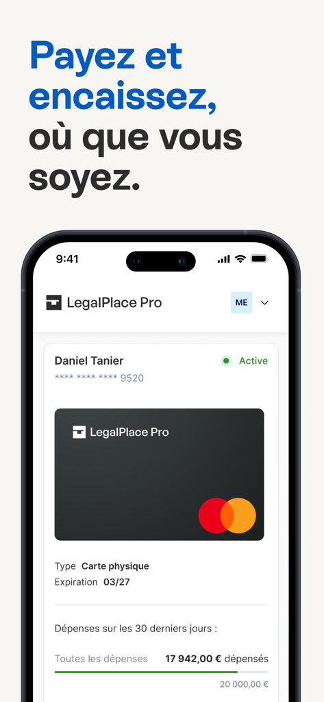 LegalPlace Pro - LegalPlace Pro mobile app interface displaying a business Mastercard and a spending summary