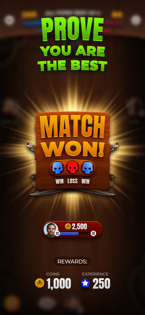 Domino Duel - Online Dominoes - Écran de victoire dans Domino Duel montrant un match remporté avec des récompenses de 1000 pièces et 250 points d'expérience.