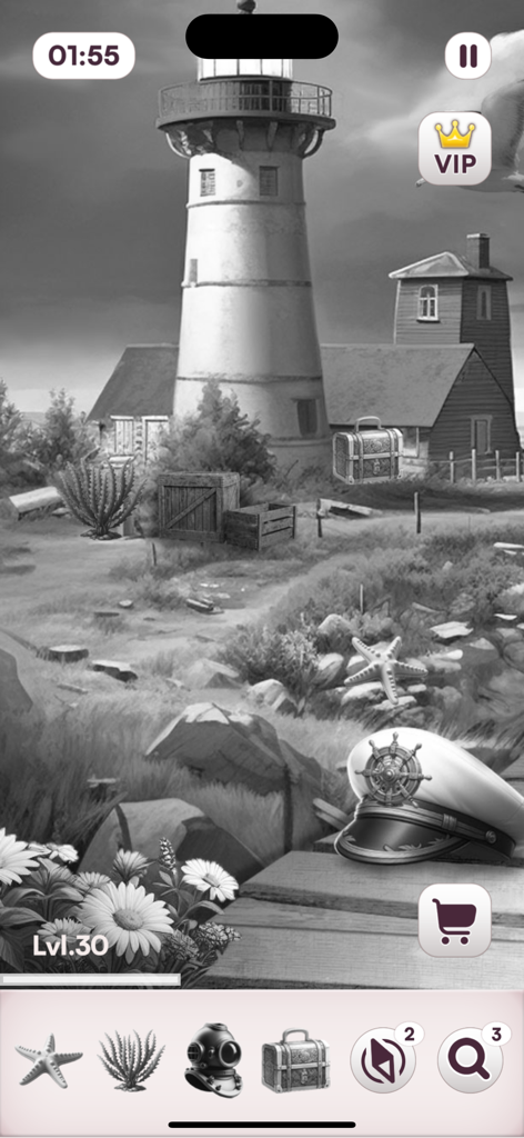 Hidden Objects: Search N Find - Un nivel de juego de objetos ocultos en blanco y negro con un faro y objetos costeros.