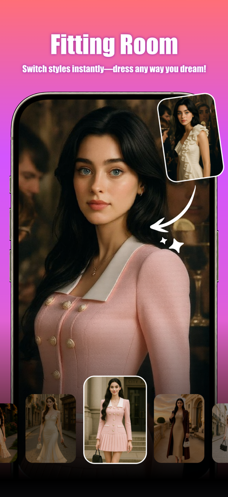 Savia AI: Style Swap&Fun Video - Savia AI app interface showing the virtual fitting room feature for instant style and outfit swaps