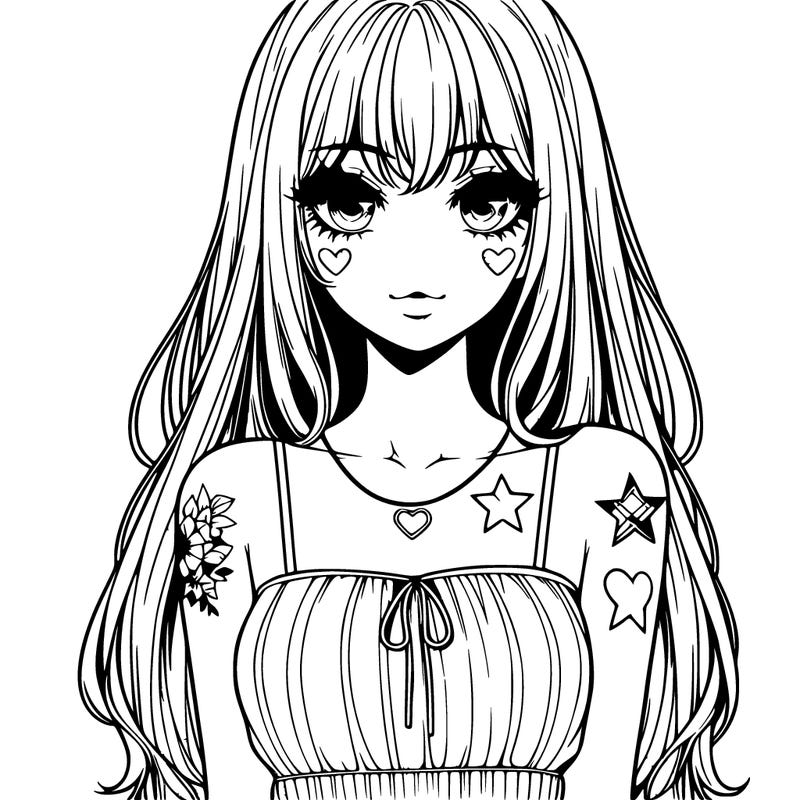 realistic anime girl with long hair star heart tattoos with a simple fabric dress with full lips