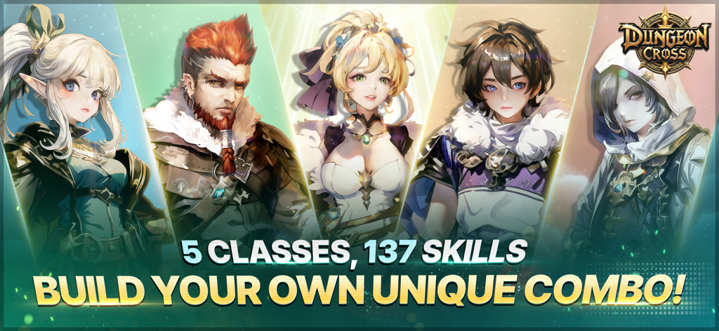 Dungeon Cross - Relic Hunter - Imagem promocional de Dungeon Cross Relic Hunter mostrando cinco classes de personagens e opções de combos de habilidades