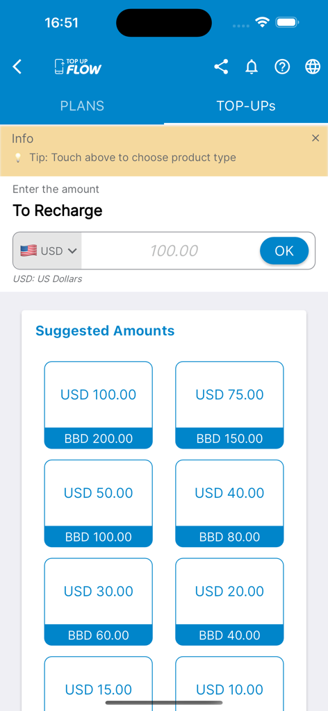 Topup Flow - Selecting mobile top-up amounts in USD and BBD on the Topup Flow app
