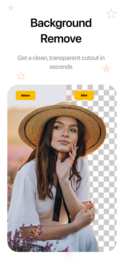Remove BG - Background Eraser. - 배경 제거 및 투명 누끼를 보여주는 밀짚모자 쓴 여성의 이전 및 이후 비교.