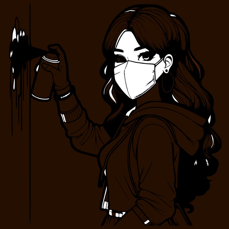 realistic girl with mask spray painting a wall