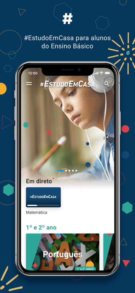 A mobile screen showing the Estudo em Casa educational app with Portuguese and Math lessons for students