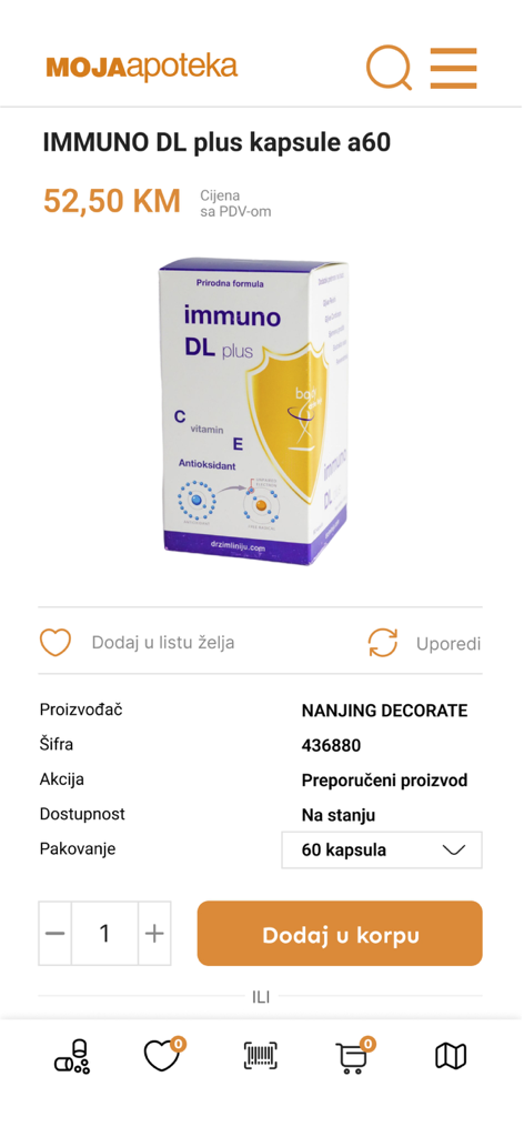 MojaApoteka mobile app displaying the product page for Immuno DL plus capsules with price and add to cart button