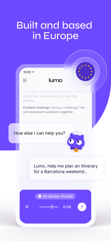 Lumo by Proton - Lumo by Proton AI 어시스턴트 채팅 화면이 온디바이스 개인 정보 보호 및 유럽 출신을 강조합니다.