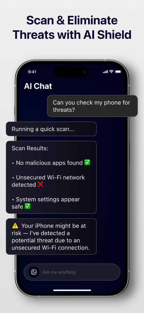 AI Shield chat interface performing a security scan and detecting an unsecured Wi-Fi network on an iPhone