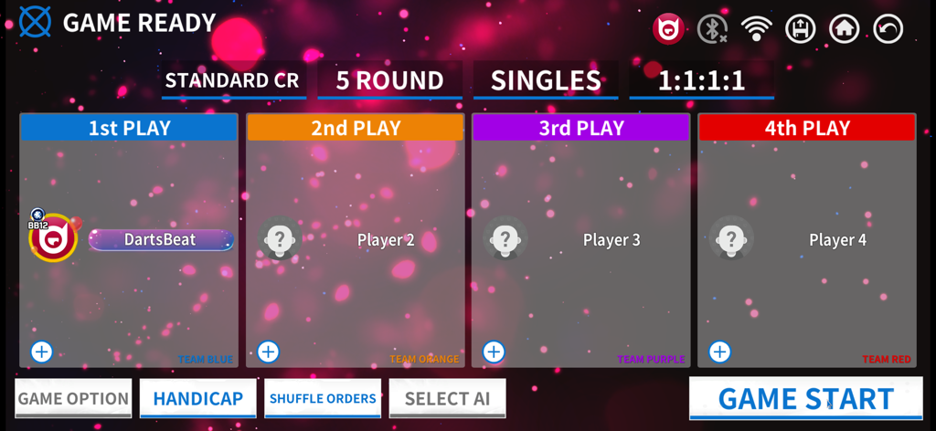 DartsBeat Home - Game setup screen in DartsBeat Home showing four player slots and game options