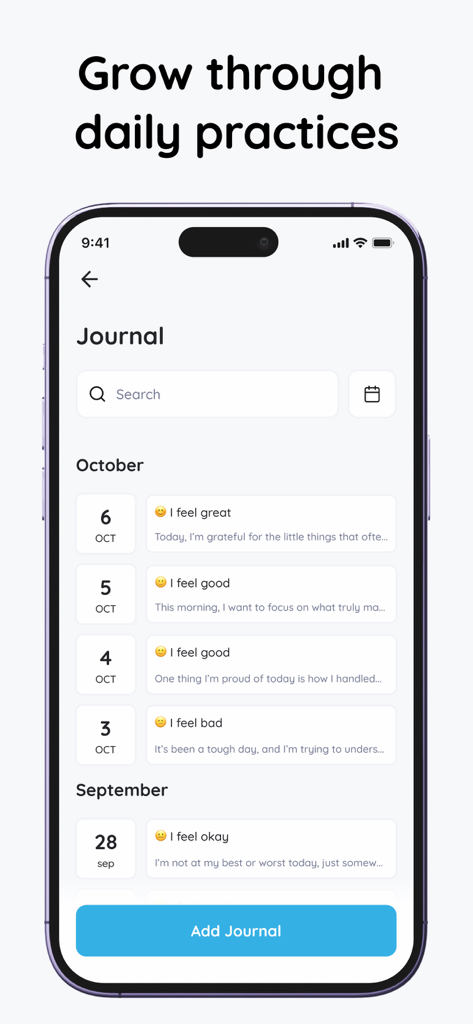 AI Mental Assistant: mindlee - A smartphone screen displaying the mindlee app journal feature with a chronological list of mood entries and daily reflections.
