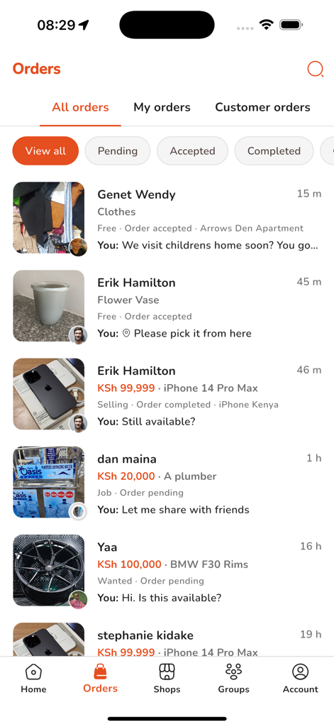 Nikela app screen displaying a list of marketplace orders including electronics, clothes, and services.