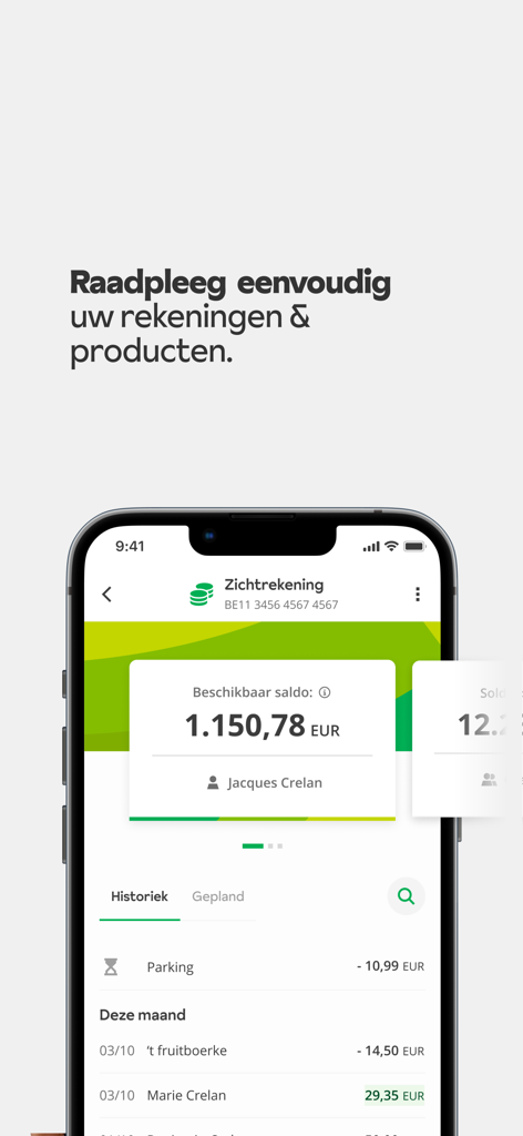 Bildschirm der Crelan Mobile App, der einen Bankkontostand und aktuelle Transaktionen zeigt