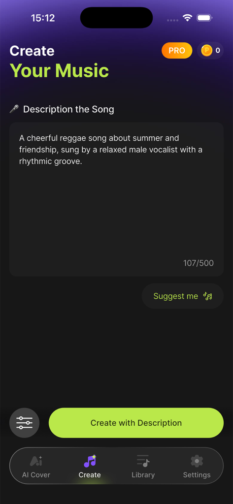 Danno AI Cover & Music Maker - Oberfläche der Danno AI App, die die Text-zu-Musik-Funktion zeigt, bei der ein Benutzer ein Lied beschreibt, um es zu generieren.