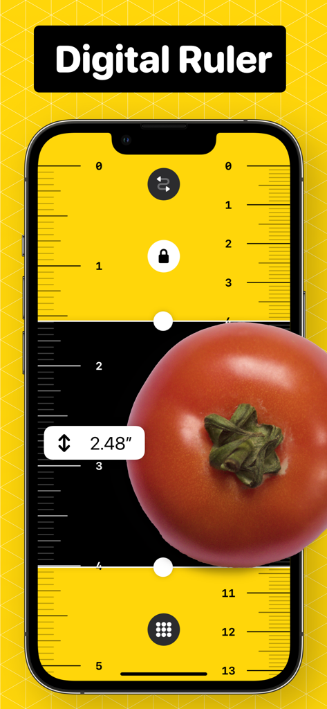 Measuring Tape +ㅤ - iPhone zeigt ein digitales Linealwerkzeug, das eine Tomate in Zoll misst