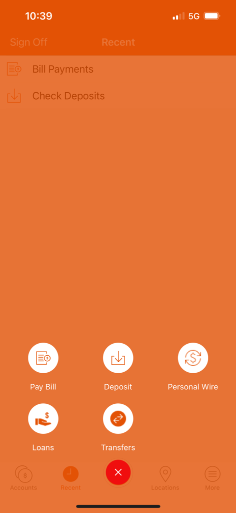 Main action menu of the Amerant Mobile Banking app featuring options for bill pay, deposits, and transfers.