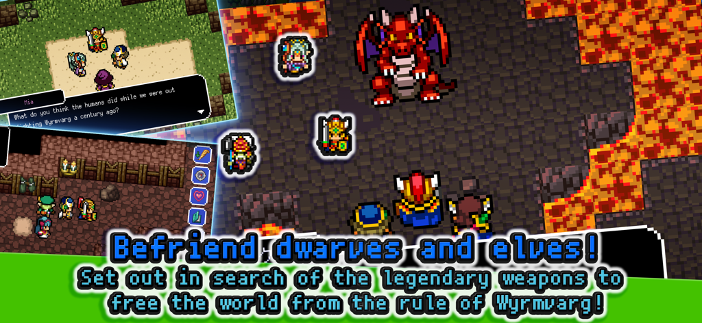 [Premium] RPG Dragon Sinker - RPG Dragon Sinkerで、巨大な赤いドラゴンボスと対峙するヒーローのパーティを示すレトロ8ビットピクセルアートのゲームプレイ画面。