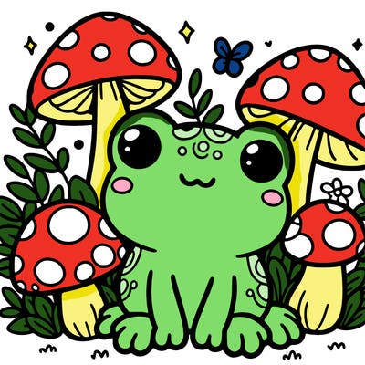 cute frog surrounded by mushrooms