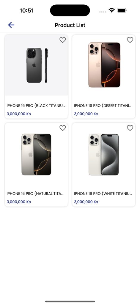 Wai Yan Electronics - Product list screen of the Wai Yan Electronics app showing various iPhone 16 Pro models with prices in Burmese Kyat
