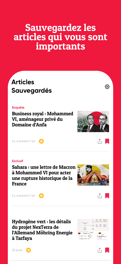 Le Desk - Ein Bildschirm aus der Le Desk Mobile App, der eine Liste gespeicherter investigativer Nachrichtenartikel anzeigt.