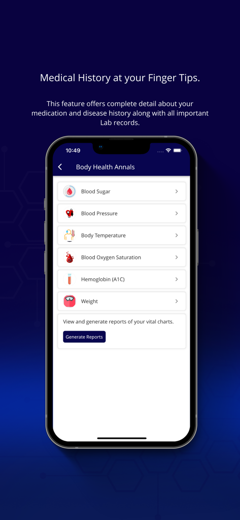 Écran de l'application InstaCare montrant les antécédents de santé corporelle avec le suivi des signes vitaux tels que la glycémie, la tension artérielle et le poids