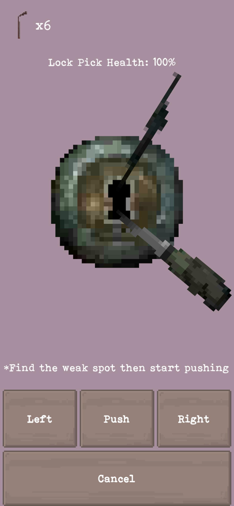 더 원더러: 포스트 아포칼립스 RPG의 픽셀 아트 자물쇠 따기 미니게임으로, 방향 제어 및 자물쇠 따개 내구도를 보여줍니다.