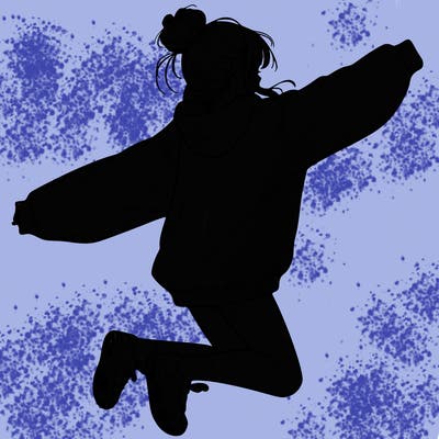 realistic girl jumping with a bun and oversized sweatshirt
