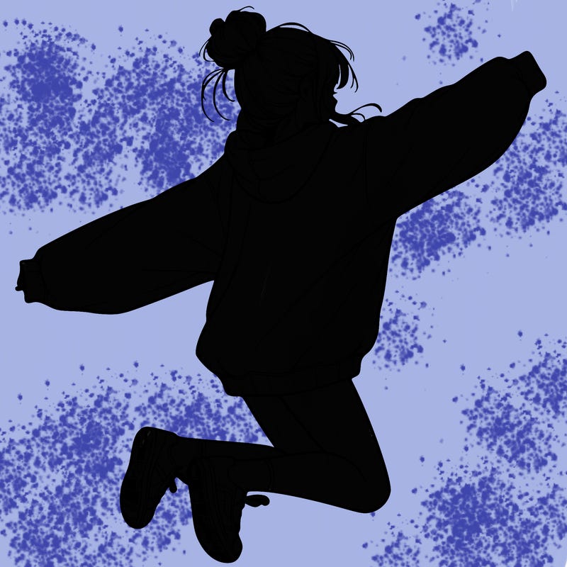 realistic girl jumping with a bun and oversized sweatshirt