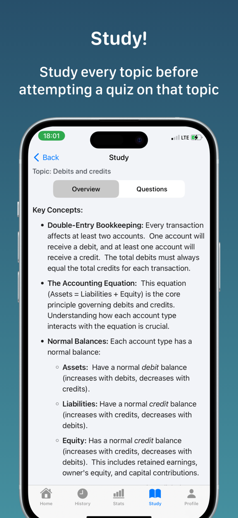 Accounting Quiz+ - Accounting Quiz app study screen showing key concepts of double-entry bookkeeping and the accounting equation.