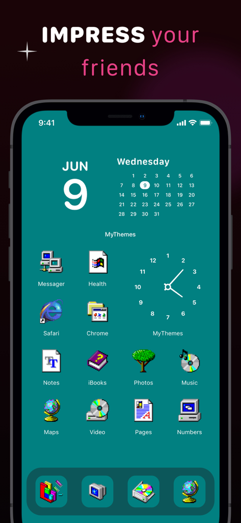 Themes Widgets Icon, Screen 14 - Custom iPhone home screen with retro pixel art icons and teal widgets