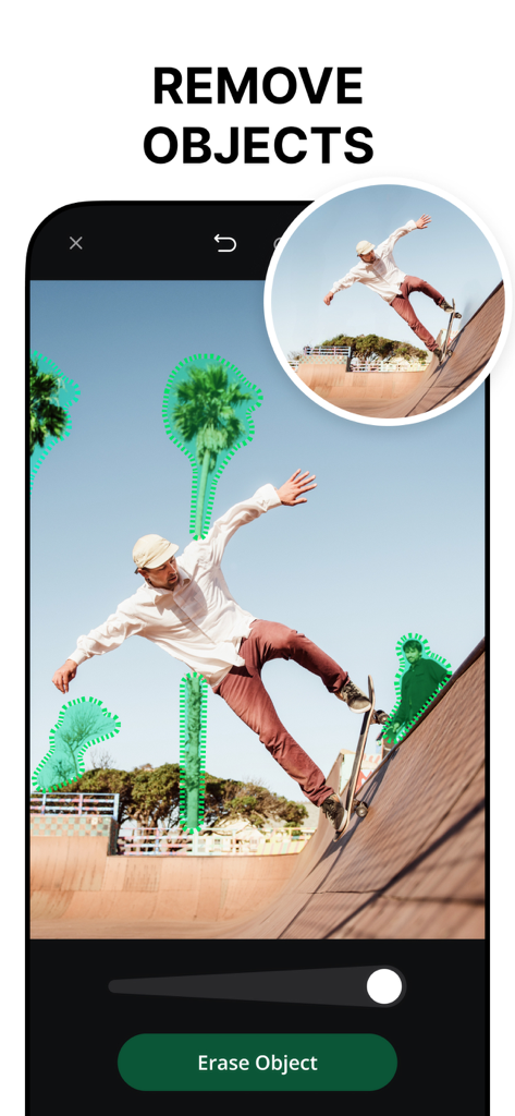 Background Eraser, AI - AppCut - AppCut mobile app interface showing the AI object eraser tool removing background distractions from a photo