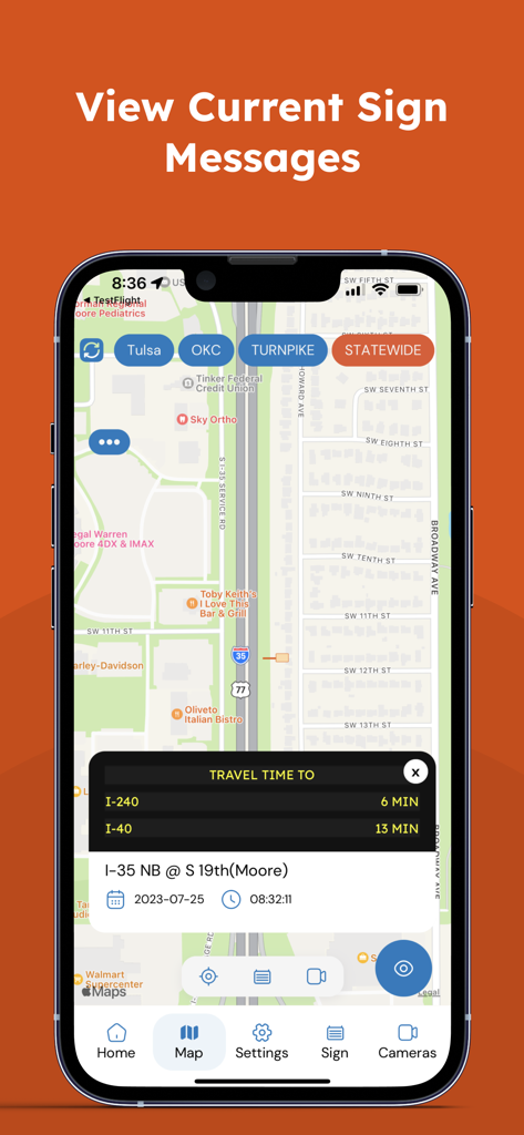 Écran de smartphone affichant la carte de trafic de l'application Drive Oklahoma avec les temps de trajet en temps réel et des boutons de filtre régionaux.